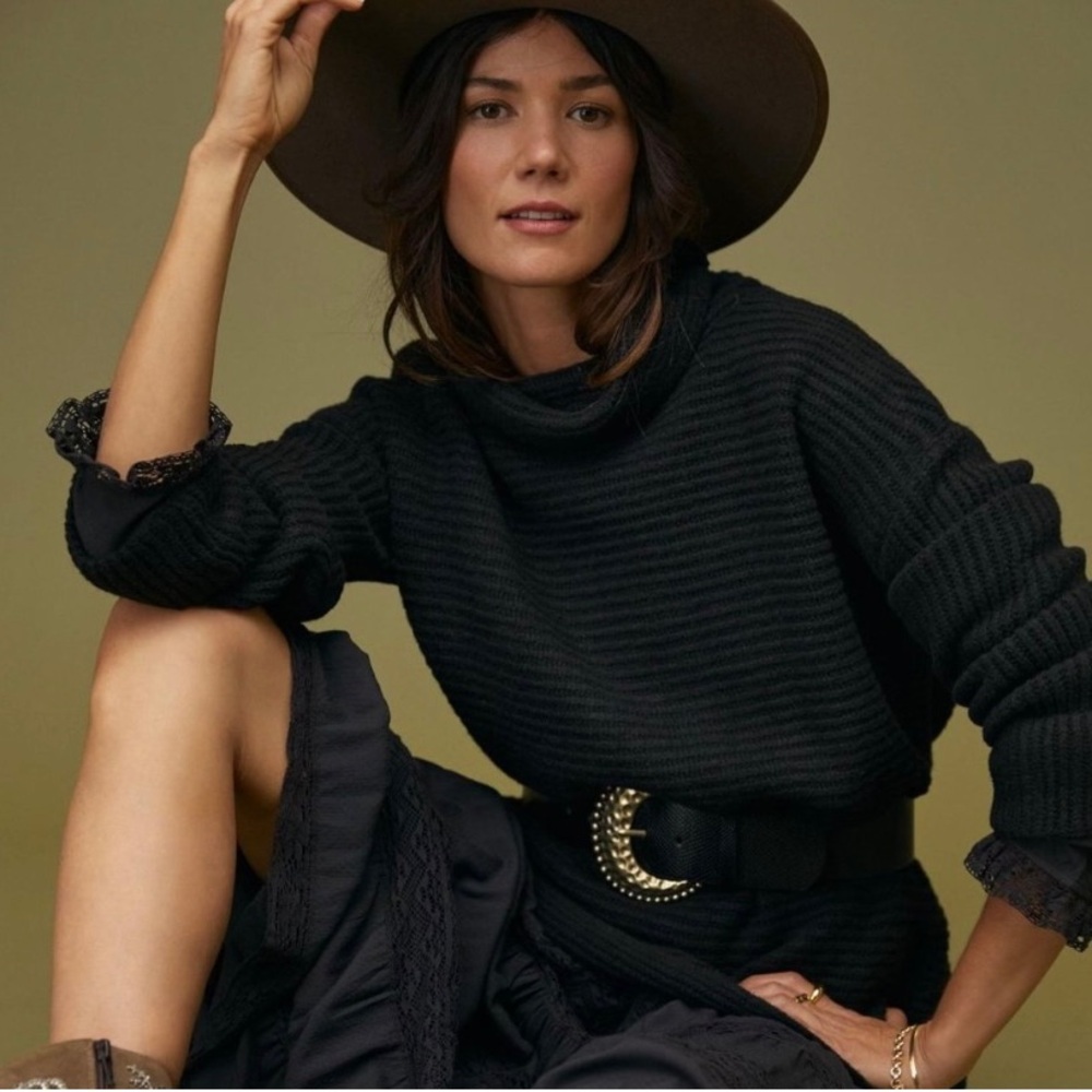 Pilcro Anthropologie Black Ribbed Oversized Cowl Neck Sweater